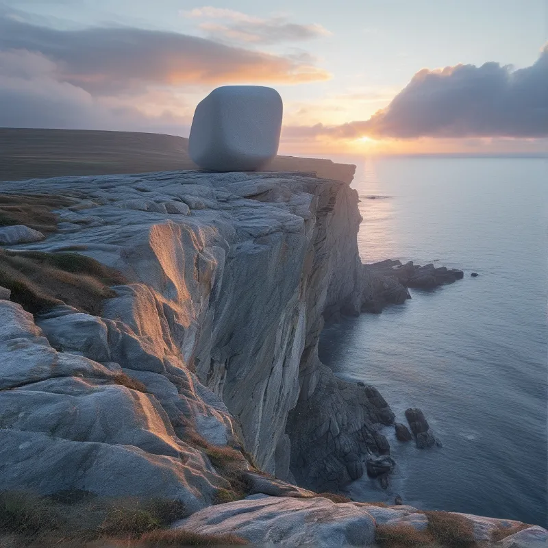 A smooth white rock sits atop a jagged seaside promontory while the sun dips below the ocean horizon casting warm light.