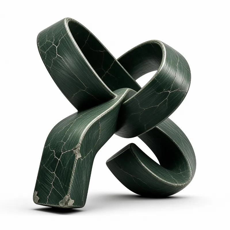 A weathered dark green bench shaped like a twisted coiled ribbon rests on a plain bright white studio surface, with visible chipped corners and gold veined cracks running across its surface.