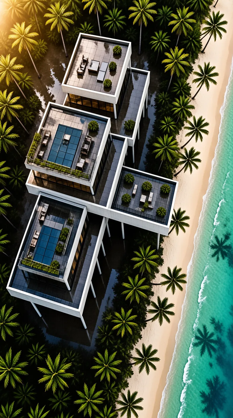 Aerial view of white cubic structures nestled among palm trees next to turquoise water.