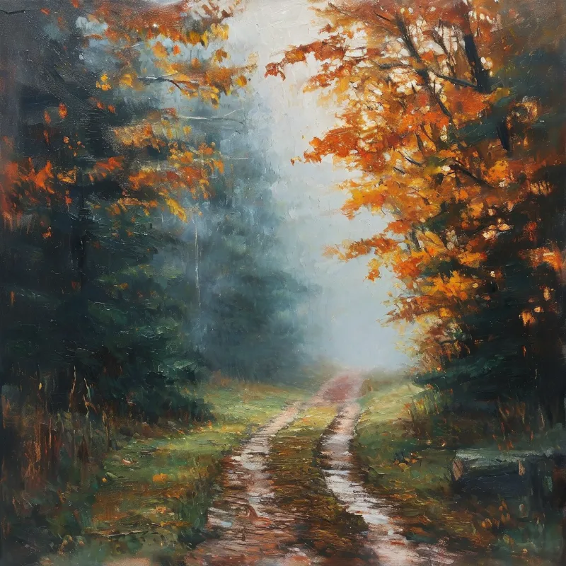 An impressionist oil painting of a rain-soaked rural track curving between trees heavy with copper foliage and pale mist.