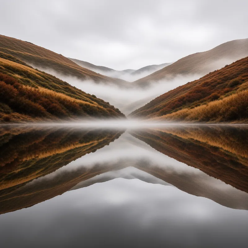 Autumn colored hillsides vanish into valley mist and double themselves in a mirror calm lake.