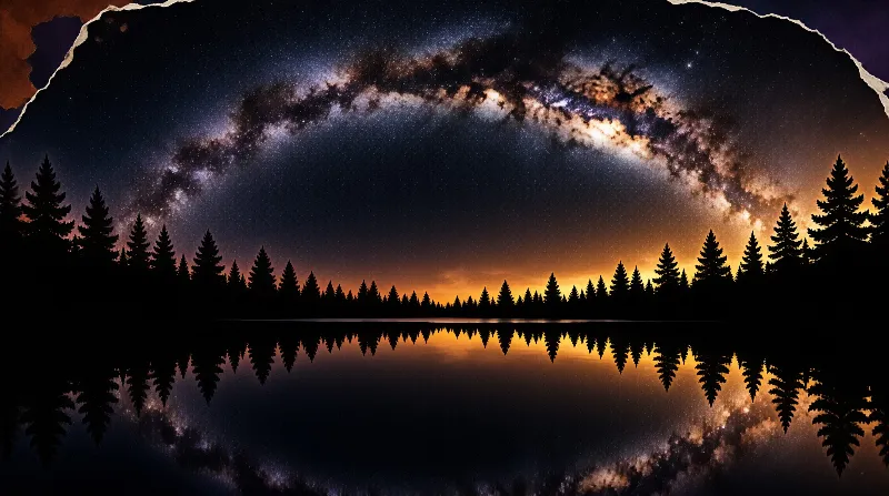 Pine trees silhouette a lake reflecting the Milky Way galaxy and orange glow under a starry sky with torn paper borders.
