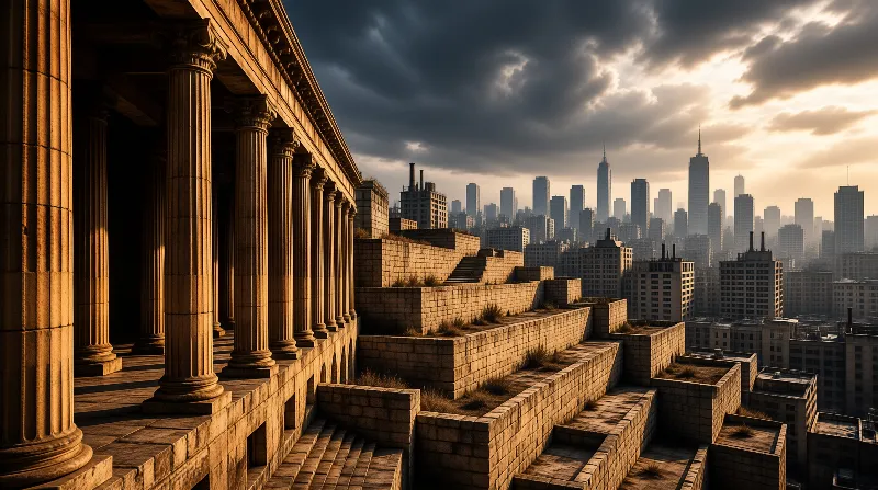 Ancient colonnade and stepped ruins overlook a modern cityscape under a dramatic cloudy sky with golden sunset light.