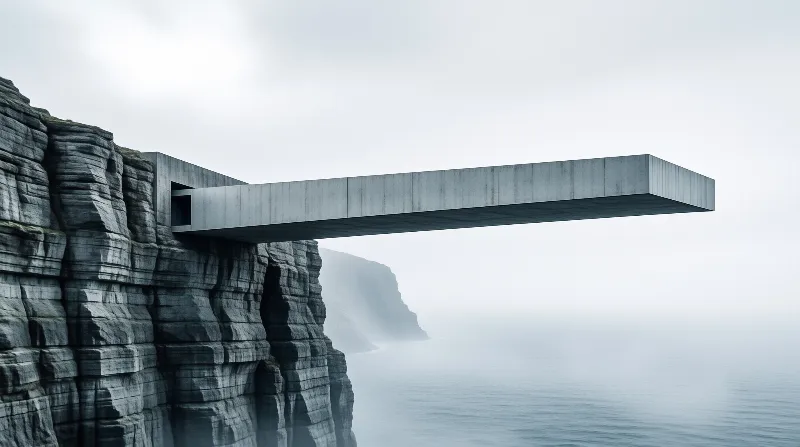 A heavy gray geometric form extends horizontally from a layered rock wall into dense atmospheric mist.