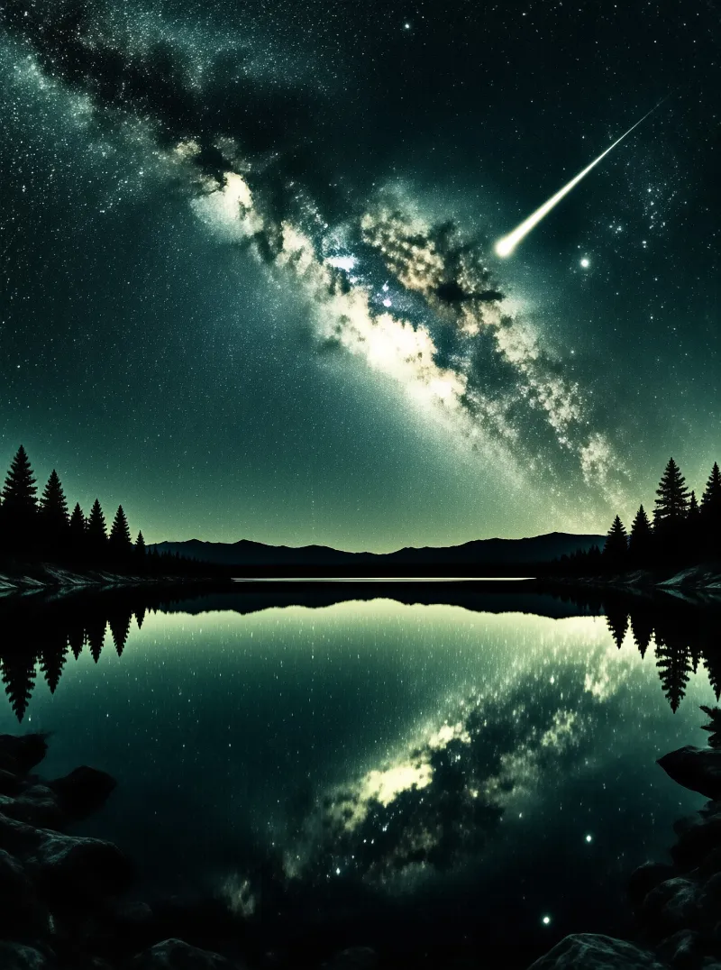 A bright meteor streaks through the dark teal sky above a calm lake that perfectly mirrors the Milky Way and surrounding pine trees.