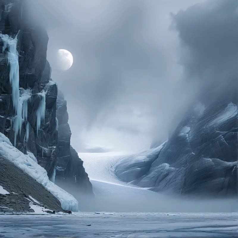 A vast frozen landscape features towering rock cliffs covered in long icicles on the left side while a bright full moon shines through heavy clouds above a winding glacier filling the valley below.
