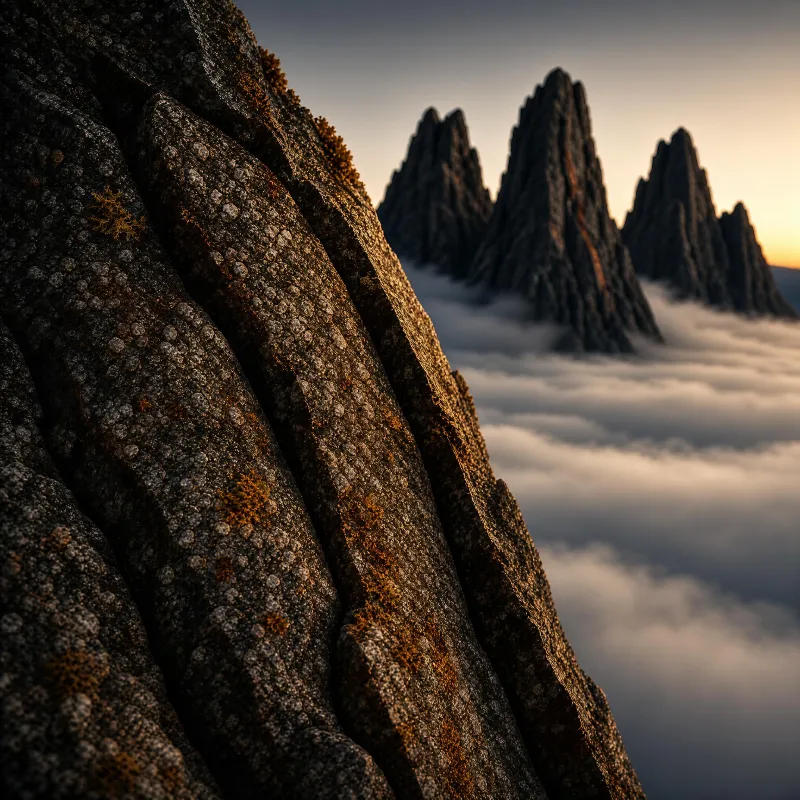 Close-up of rugged mountain rock with orange lichen, with sharp peaks rising above a sea of fog during golden hour.