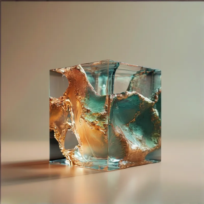 A clear glass cube rests on a reflective surface containing suspended swirls of copper and teal resin resembling molten metal.