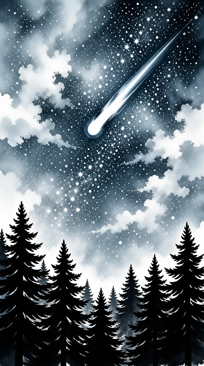 A bright meteor trails through a cloudy night sky filled with stars above dark pine tree silhouettes.