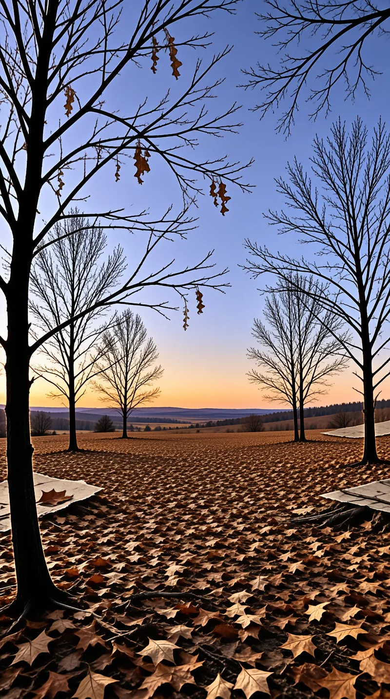 Silhouetted trees stand in a field of dry leaves beneath a twilight sky transitioning to orange.