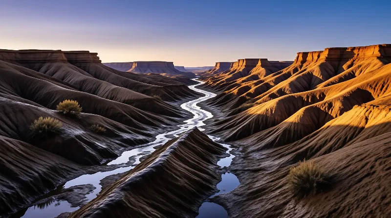 A narrow silver river snakes between eroded clay ridges toward flat topped mesas glowing in low evening sun.