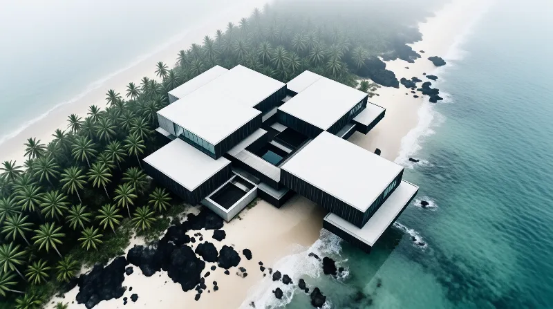 An aerial view captures a geometric beach resort with flat white roofs nestled in a misty tropical landscape.