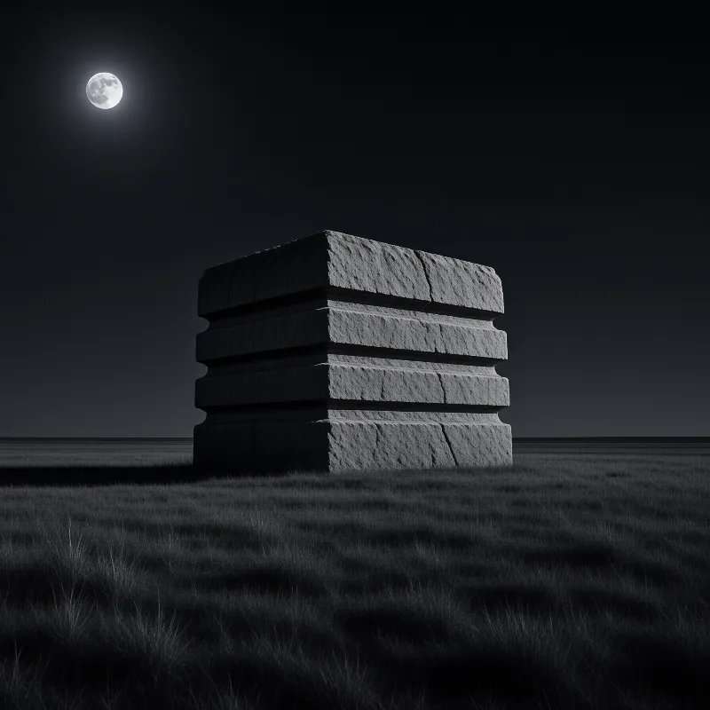 Four large rectangular stone blocks are stacked vertically in a dark field beneath a bright full moon.