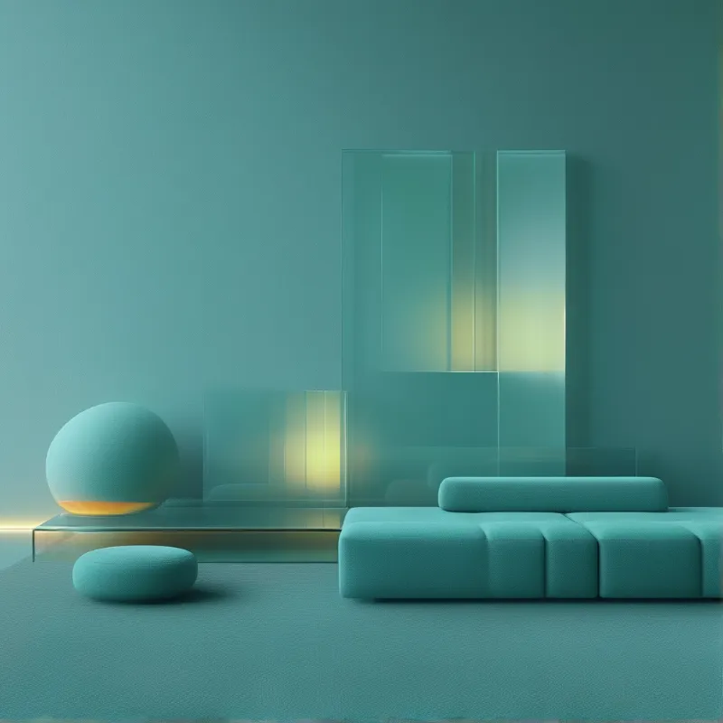 A minimalist teal interior glows softly behind translucent glass panels and a large sphere.