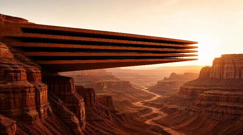 A modern multi-tiered cantilevered structure spans across a vast desert canyon with red rock formations, illuminated by warm golden light during sunset.