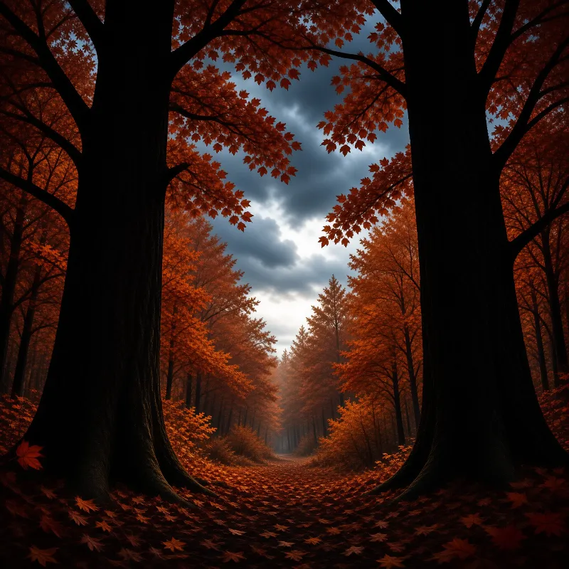 Dark tree trunks frame a tunnel of orange leaves leading to a bright center beneath heavy clouds.