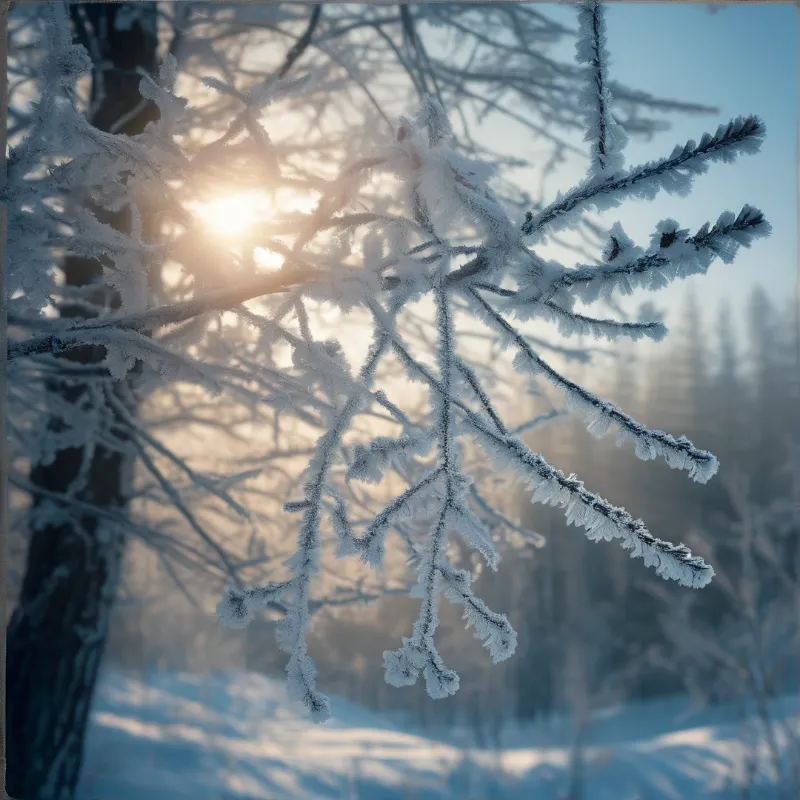 Golden sunlight filters through frost-covered branches in a snowy forest illuminating icy twigs with warm light