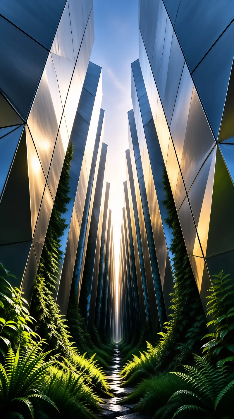 Faceted steel walls tilt upward toward a bright sun flare, with green undergrowth filling the base.