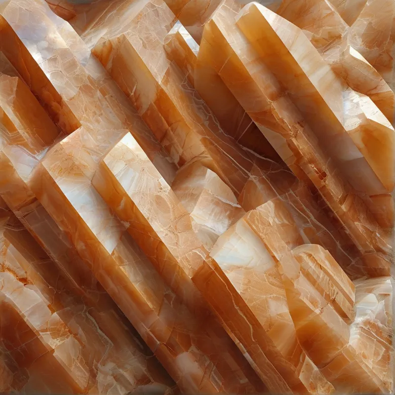 Close up view of orange and white crystal structures showing facets and internal fractures with bright reflections
