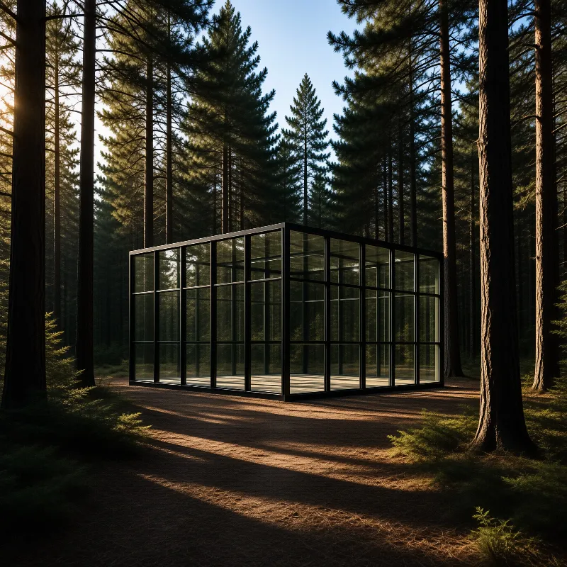 A minimalist glass and steel cube rests on the forest floor, framed by towering pines in warm low sunlight
