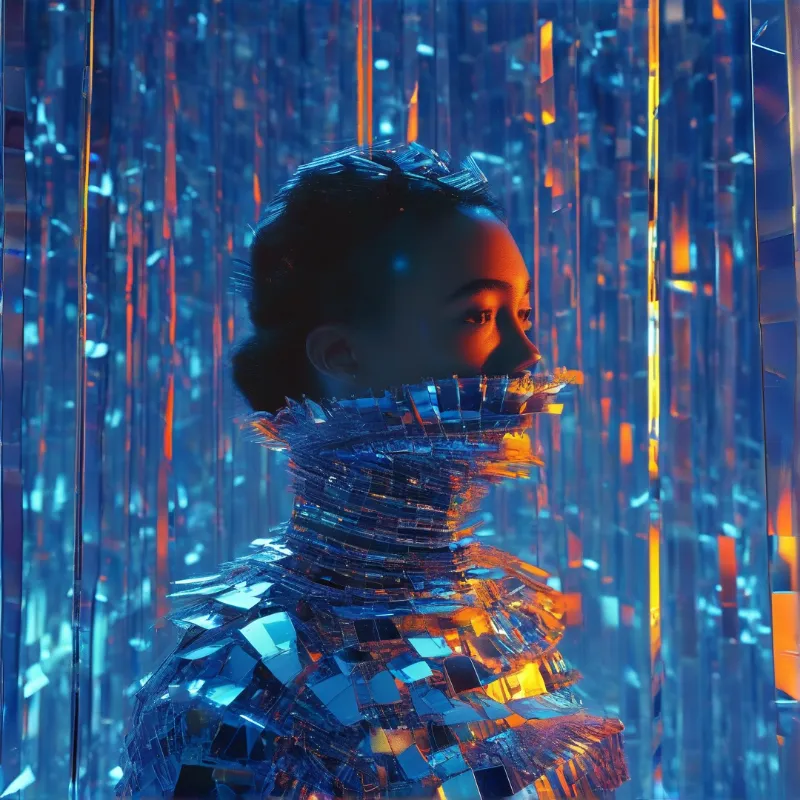 A woman with dark hair is surrounded by vertical blue crystal shards reflecting intense orange light.