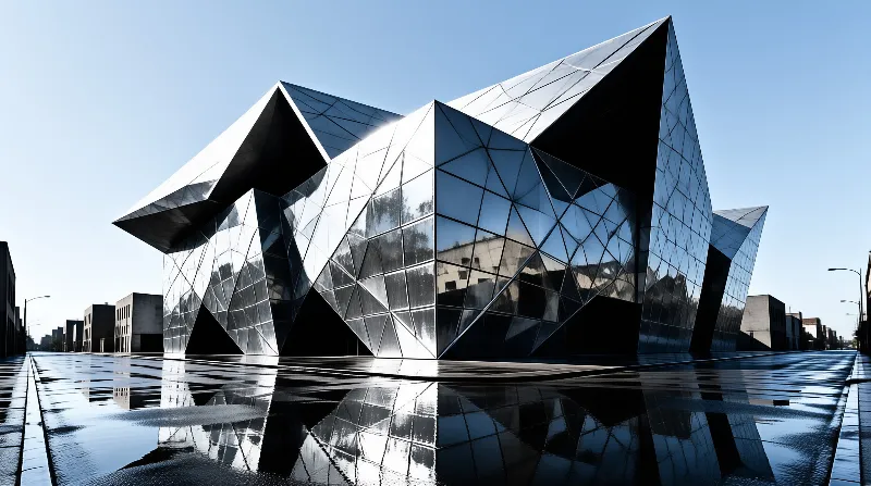 A sharp glass building stands on a wet street reflecting its angular shape in the puddles under a clear blue sky.