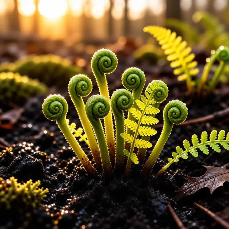 Cluster of unopened fern fronds emerging from wet soil with warm backlighting in the background.