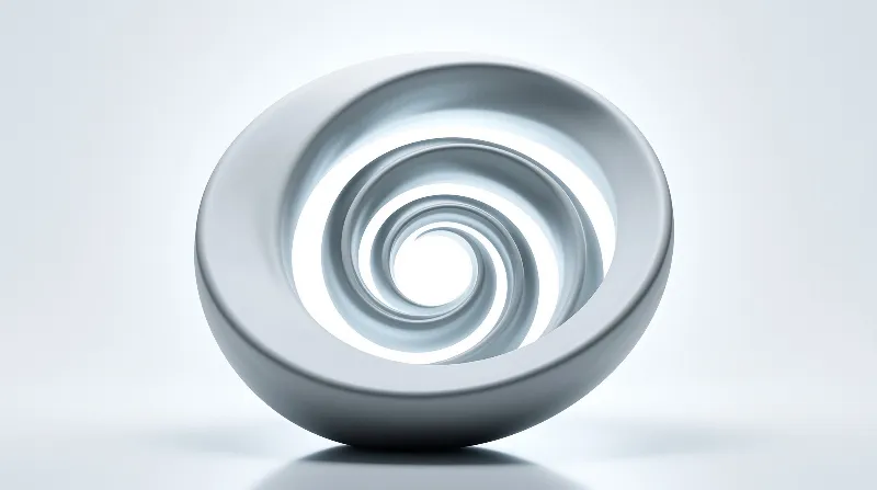 A three dimensional grey disc featuring a smooth spiral interior that curves inward toward a bright white center.