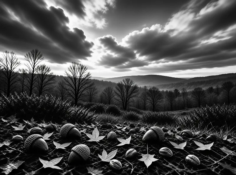 Black and white scene of scattered acorns on dark earth beneath a dramatic cloudy sky and hills.