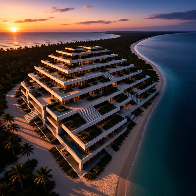 Aerial view of a stepped white building with lit windows on a sandy coast next to blue water at evening.