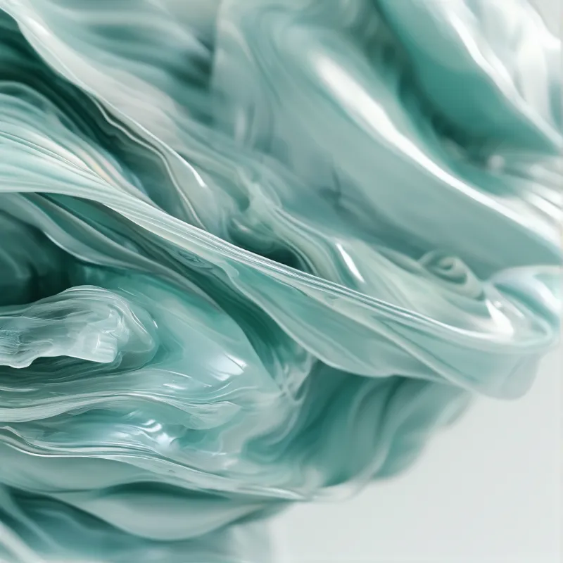 Ribbons of shiny pale turquoise material twist into soft waves, catching bright highlights against a light backdrop.