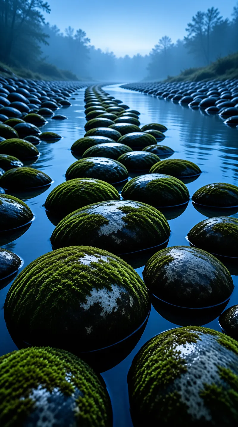 Rows of green mossy domes float in a mirror-calm river that winds through a hazy blue dawn forest.