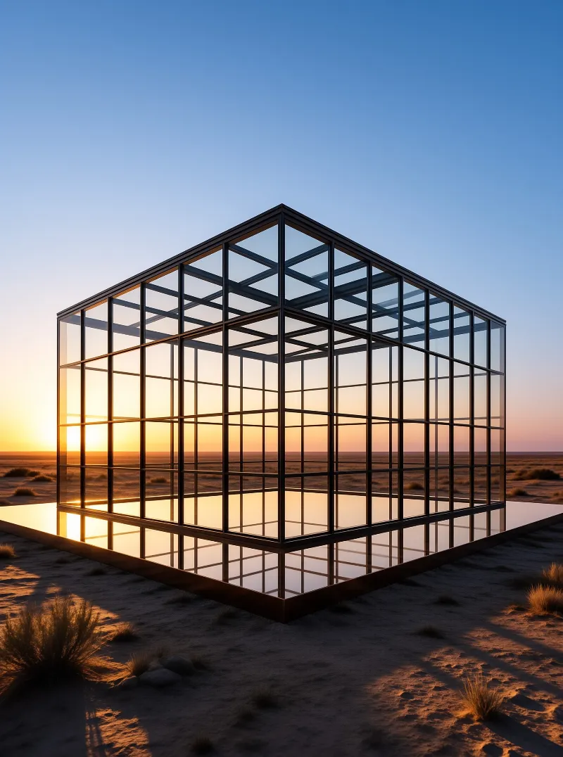 A transparent steel-framed cube stands on a mirrored plinth as the sun drops behind a flat scrub desert.