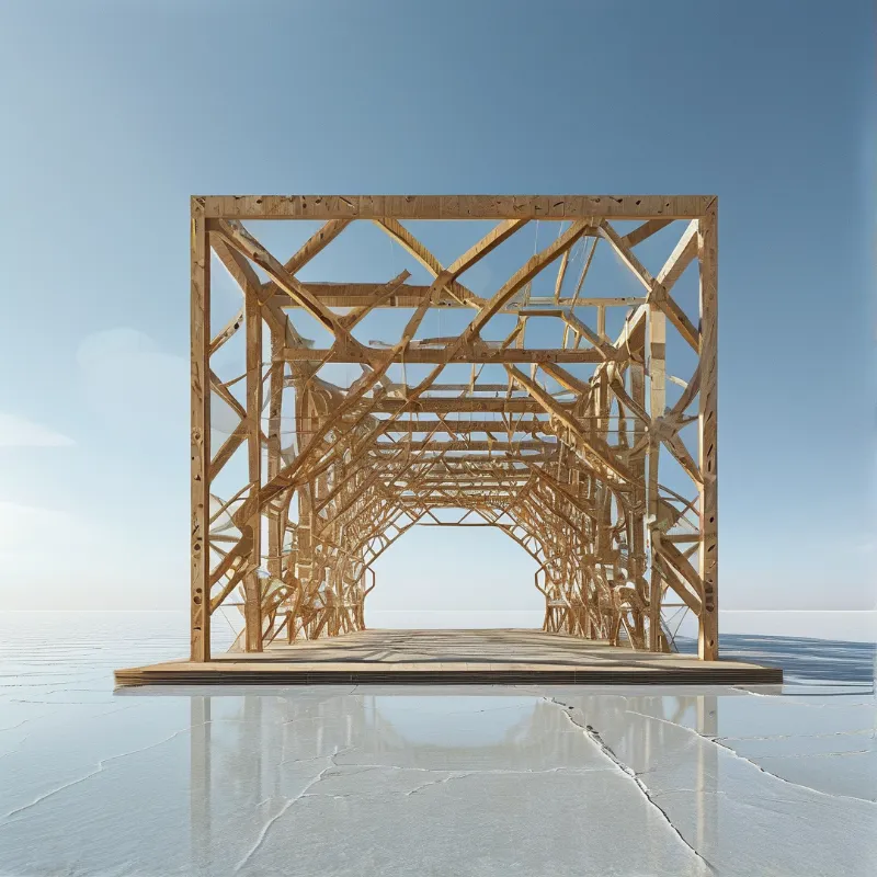 Skeletal wooden lattice tunnel sits on a cracked reflective salt flat under a pale cloudless blue sky