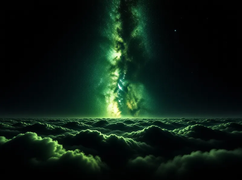 A vibrant green nebula shines vertically through a dark starry sky above a rolling sea of illuminated cosmic clouds.