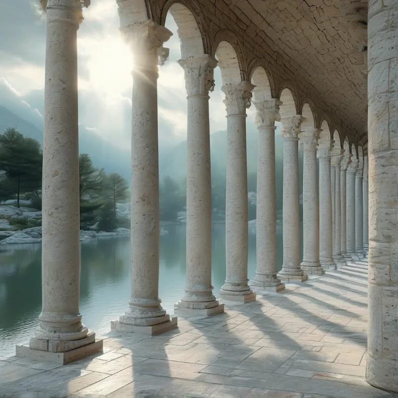 Sunlit Colonnade by the Lake