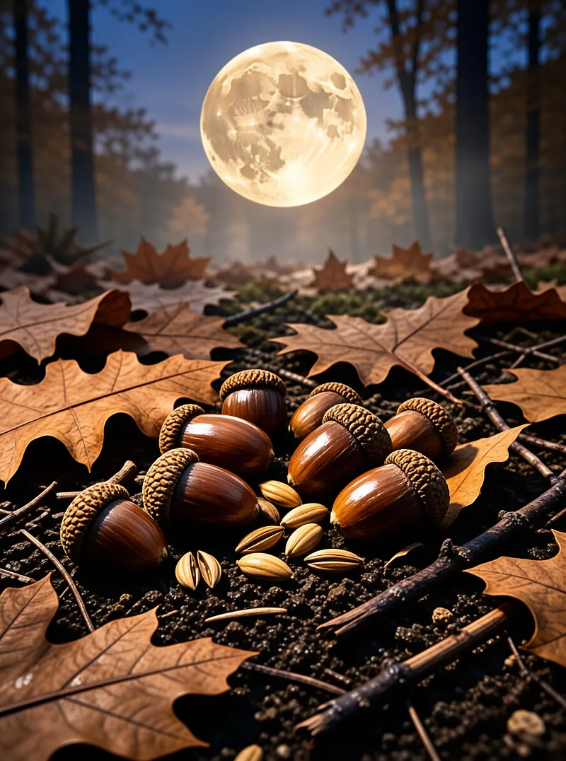 Shiny acorns and seeds rest among dry oak leaves and dark soil beneath a massive glowing moon in the misty night sky.