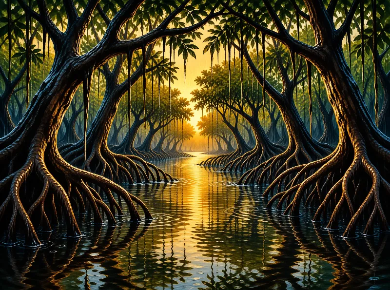 Curved mangrove prop roots line the banks of a narrow waterway, reflecting golden dusk light through dense overhead foliage.