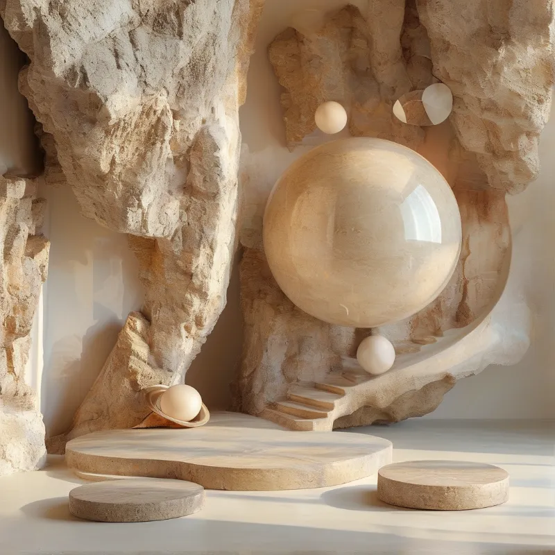 A large polished stone sphere hovers centrally within a surreal cave of rough beige rocks and wooden platforms.