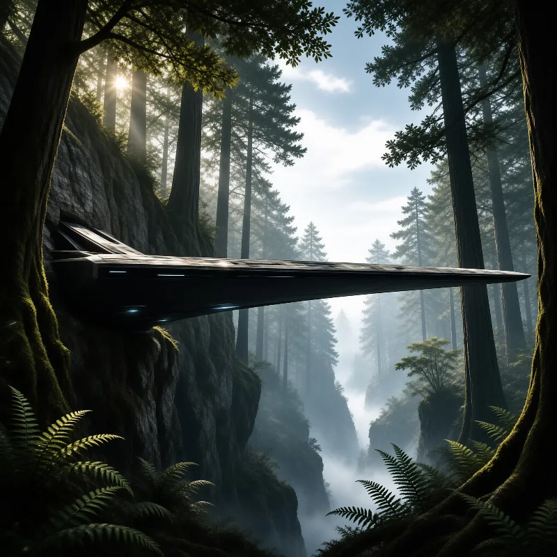 A dark futuristic craft juts from a mossy cliff overlooking a misty forest valley lit by dappled morning sunlight.