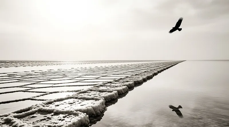 A salt ridge crosses a shallow lake while a bird flies above its water reflection in the distance.