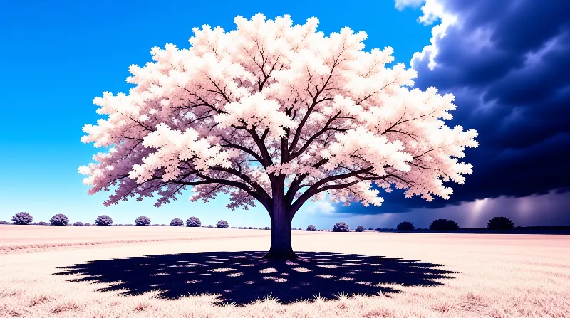 A pink flowering tree stands in a dry field under a sky split between bright blue and dark storm clouds.