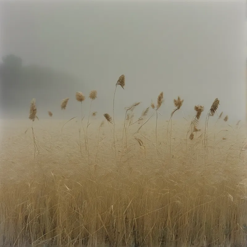 Dried oat heads rise above a pale golden field of dry grass under a dim hazy sky, with faint blurred trees in the far distance.