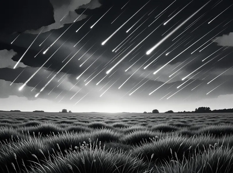 Dozens of bright meteors streak across a monochrome sky above a textured grassy plain