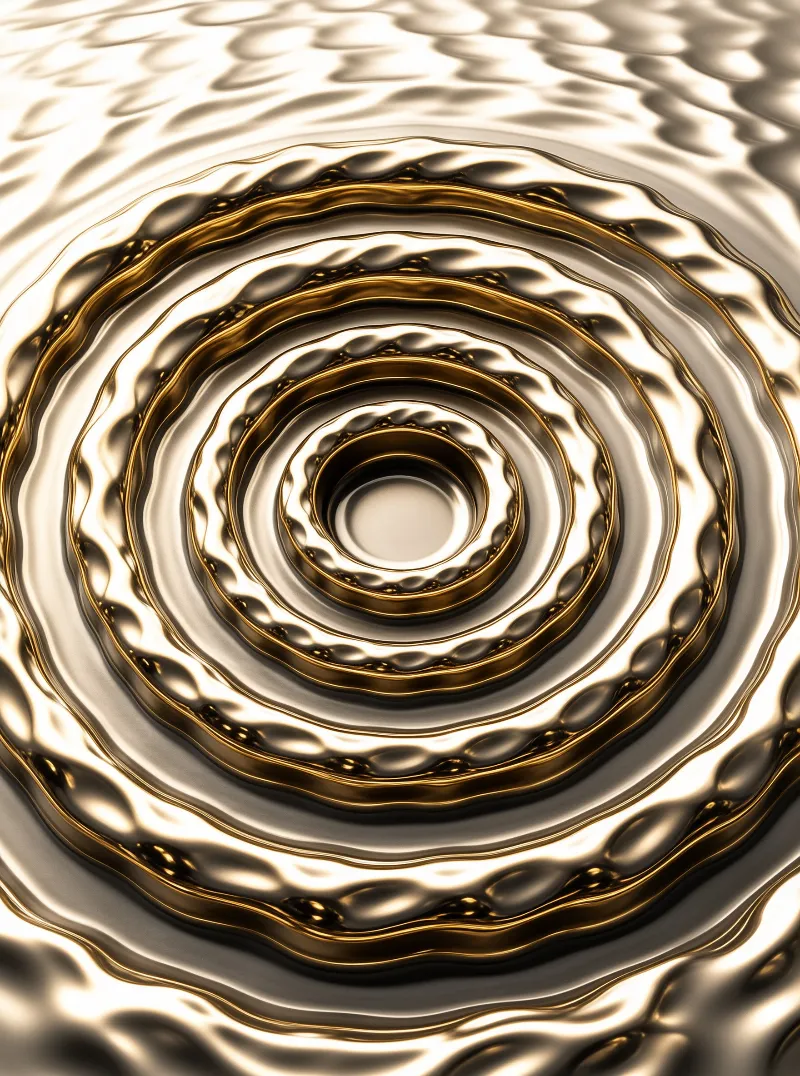 Layered concentric waves of polished silver and gold metal form a spiral pool with a dark central hollow.