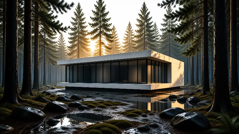 A white concrete building with glass walls rests on a wet stone bank in a misty forest bathed in golden sunlight.