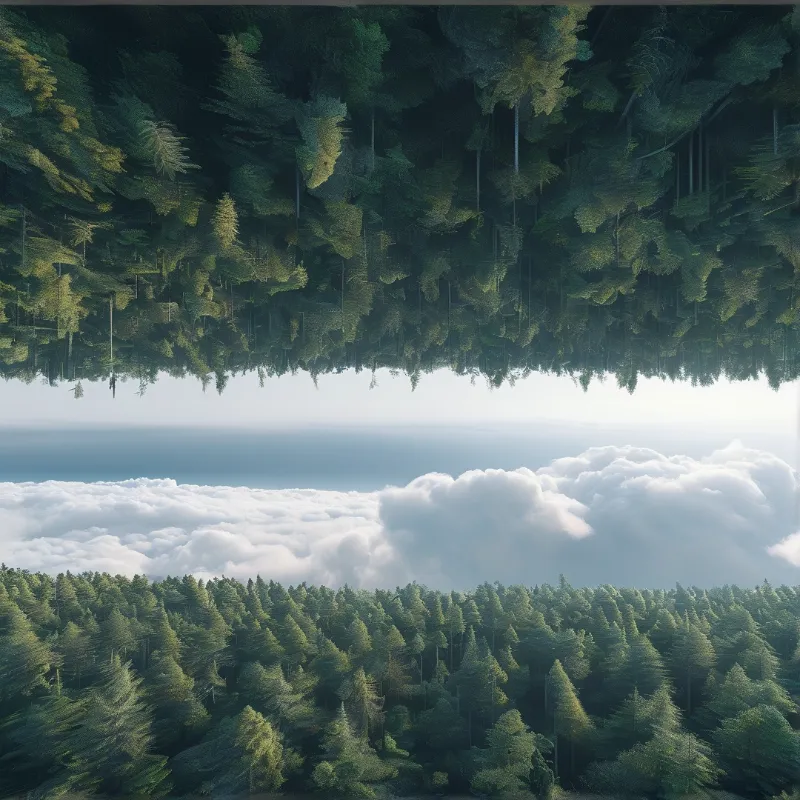 Upside down coniferous forest stretches across the top above a thick band of white clouds and normal trees below.