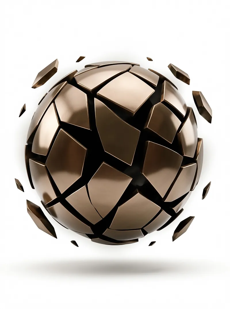 A polished bronze sphere breaks apart into angular shards that float free against a clean white studio background.