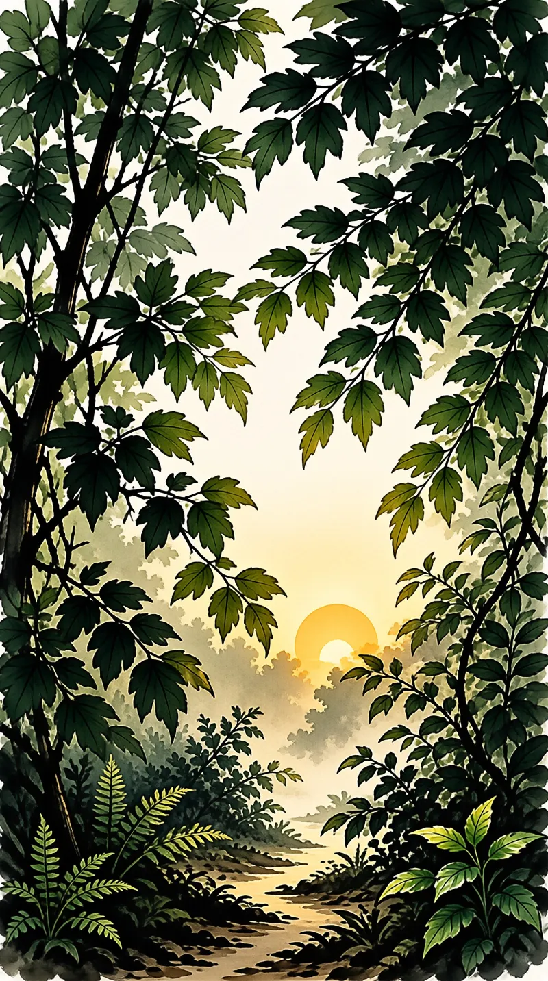 A bright orange sun glows through a gap in the dark green trees and ferns of a misty forest landscape.