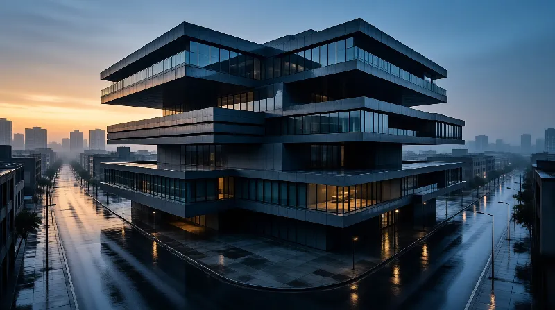 A cantilevered corporate block of dark glass stands at a wet crossroads while sunset glows along empty avenues.